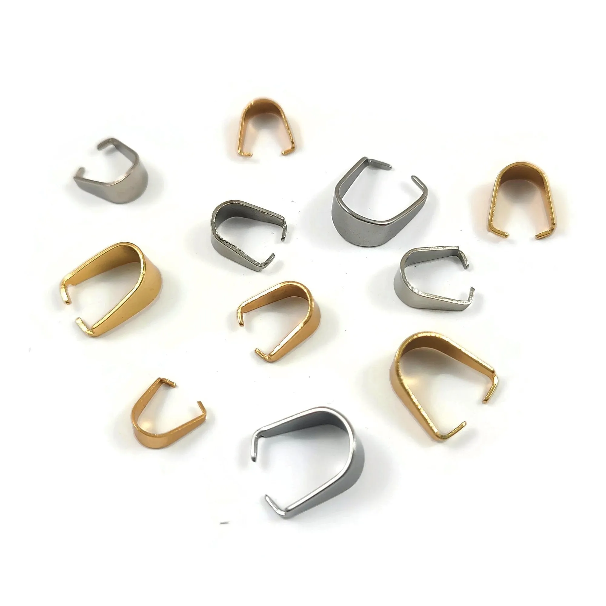 10 Stainless steel pinch bails, Pendant clip on clasps, Gold, Silver