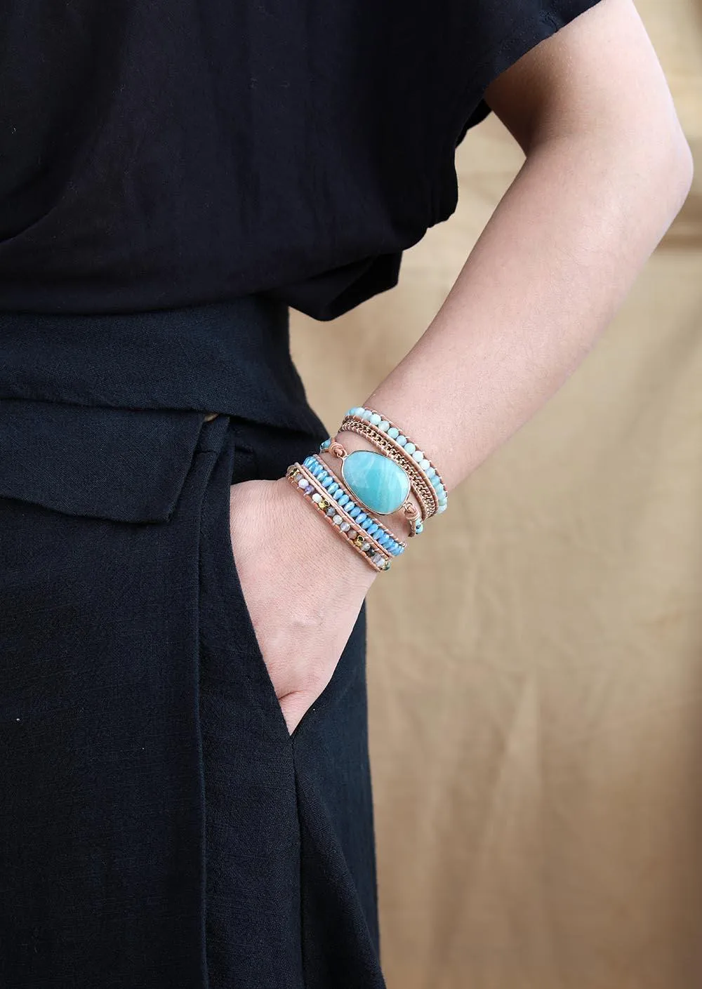 Amazonite Charm Beads & Rhinestones Wrap Bracelet