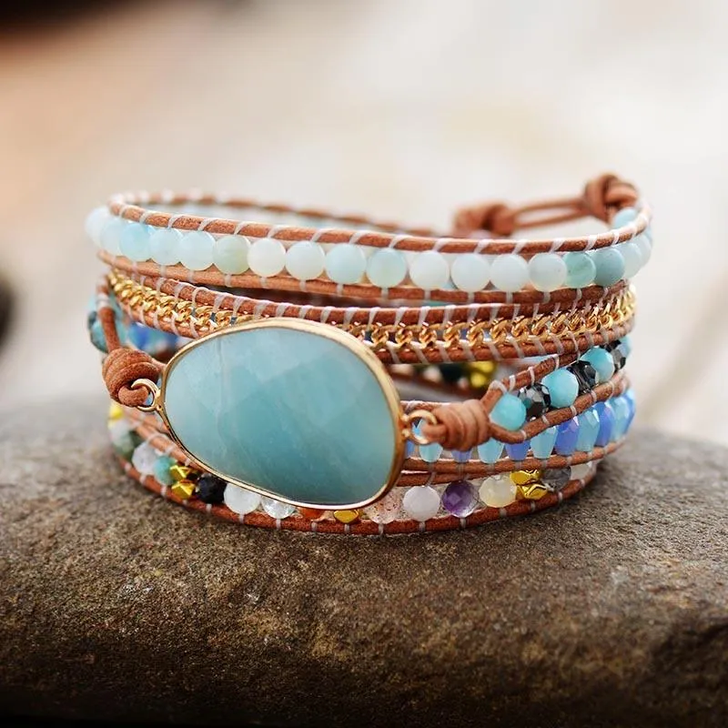 Amazonite Charm Beads & Rhinestones Wrap Bracelet