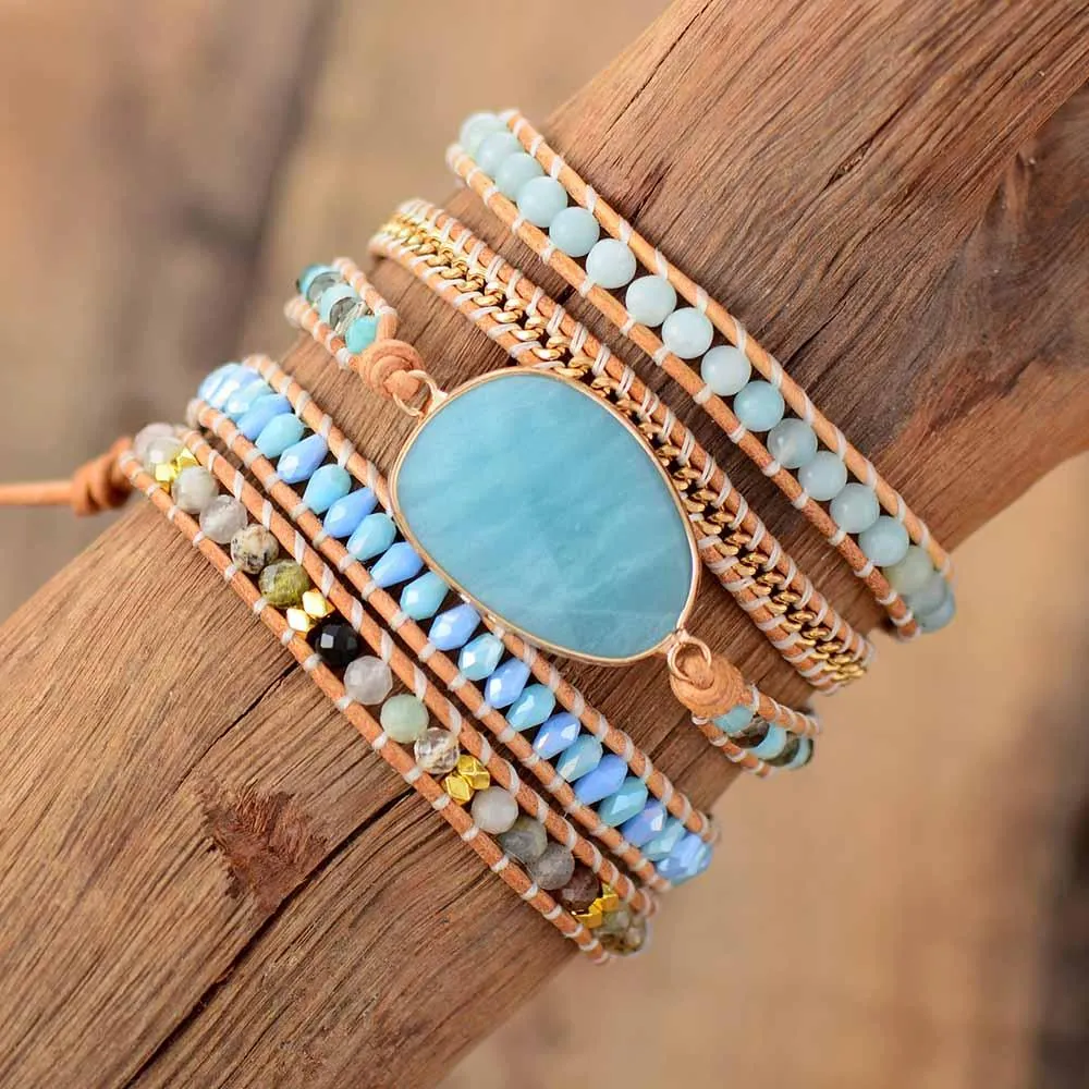 Amazonite Charm Beads & Rhinestones Wrap Bracelet