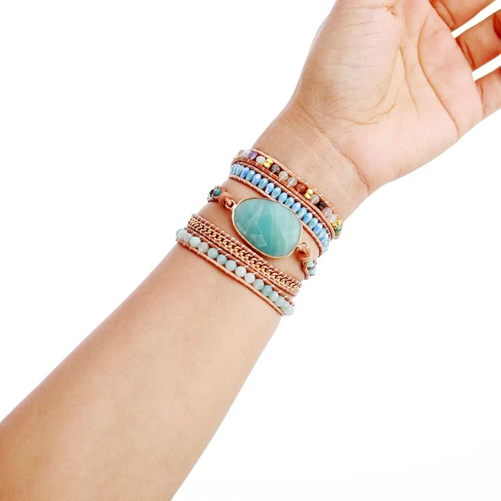 Amazonite Charm Beads & Rhinestones Wrap Bracelet