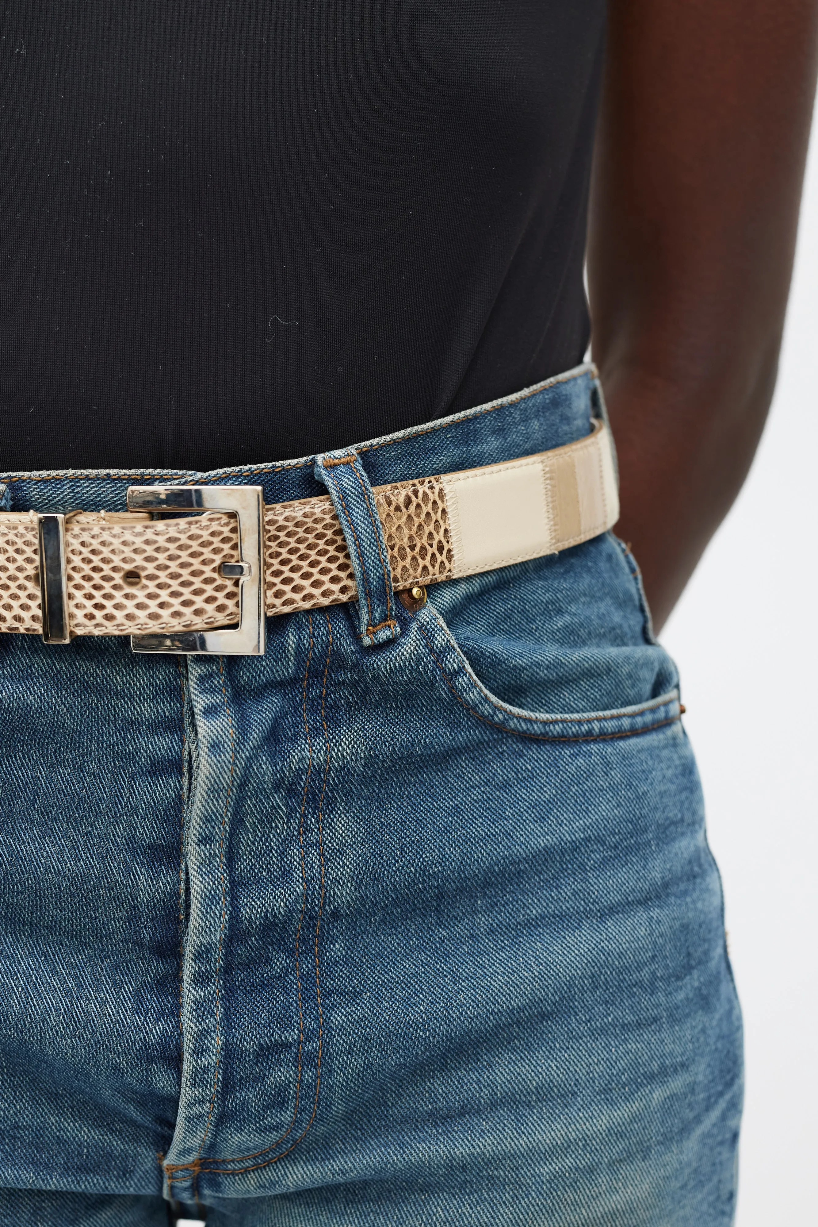 Beige Leather Panelled Belt
