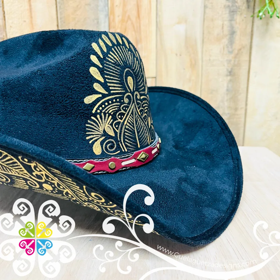 Black Mitla Cowboy Velvet Hat - Hand Painted Hat