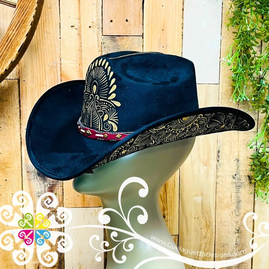 Black Mitla Cowboy Velvet Hat - Hand Painted Hat