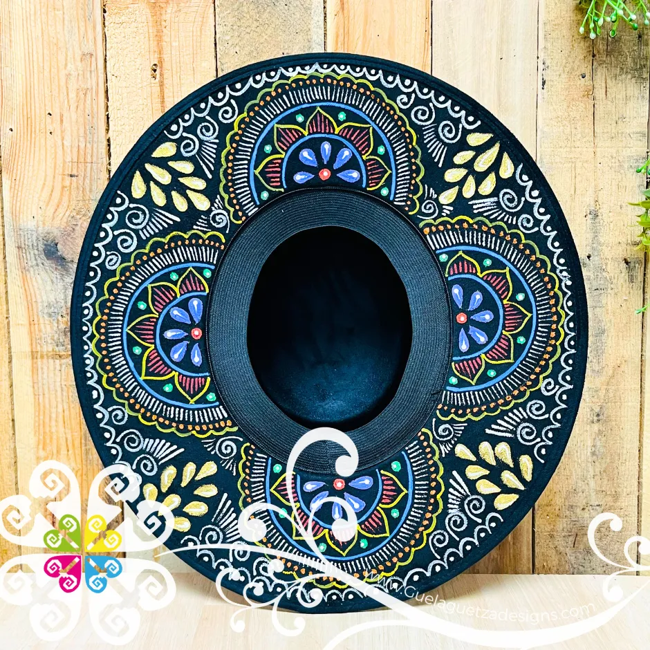 Black Oval Mitla Velvet Hat - Hand Painted Hat