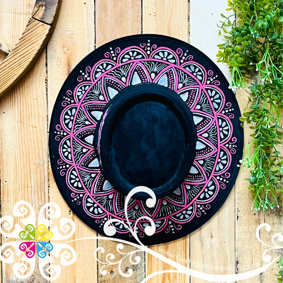 Black Oval Mitla Velvet Hat - Hand Painted Hat