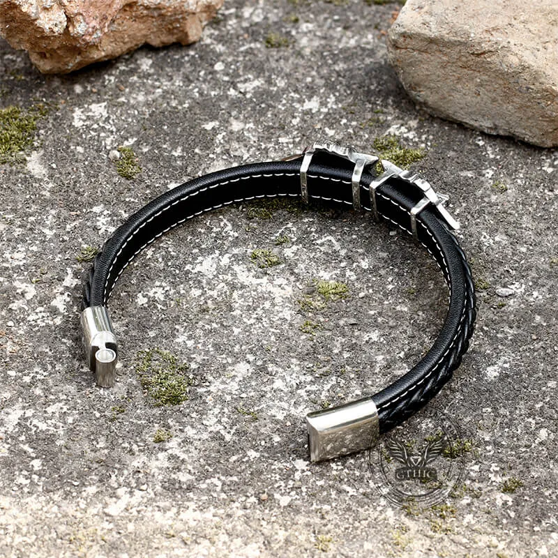 Nordic Wolf Stainless Steel Leather Viking Bracelet