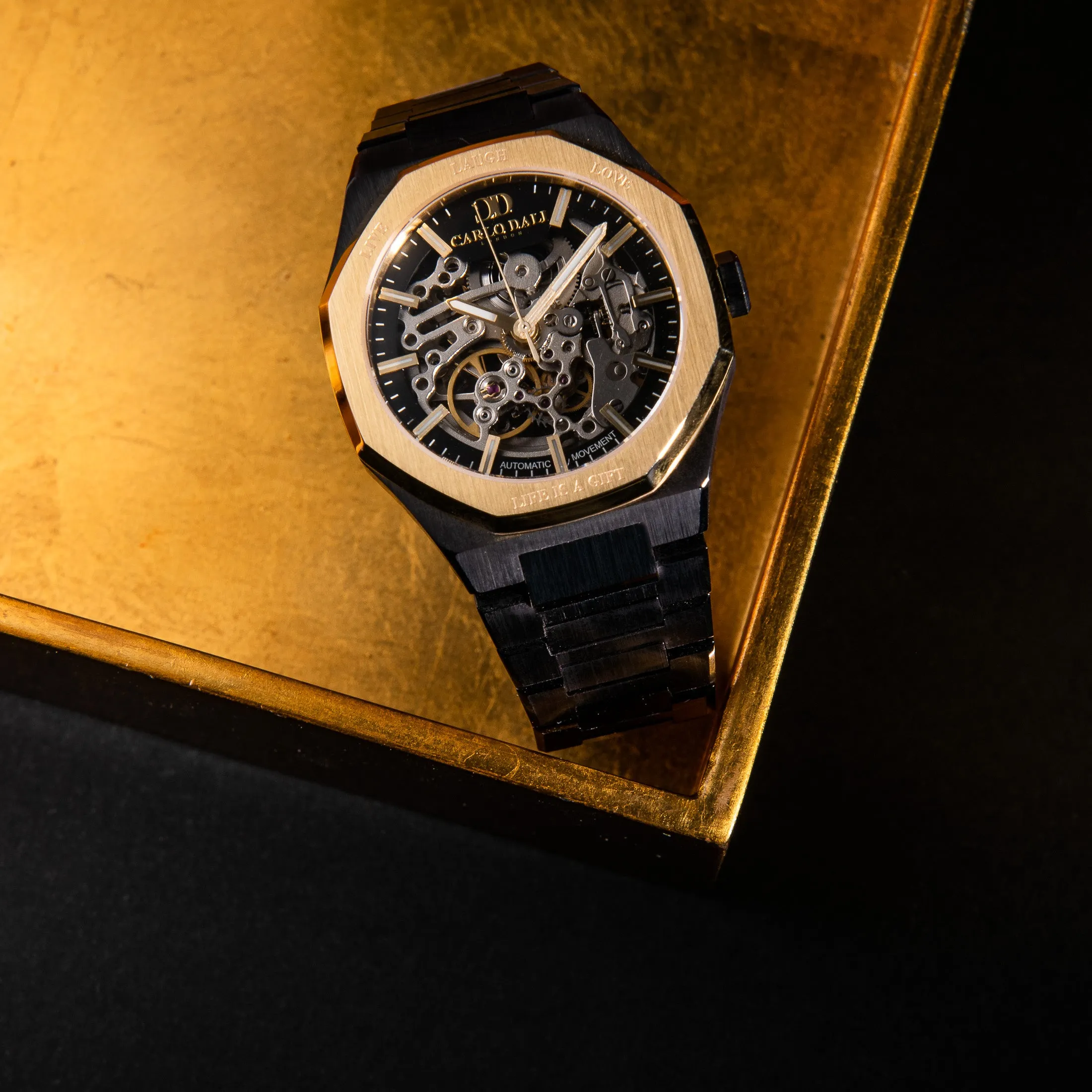 "OCTAGON" LIVE LAUGH LOVE BLACK & GOLD LIMITED WATCH