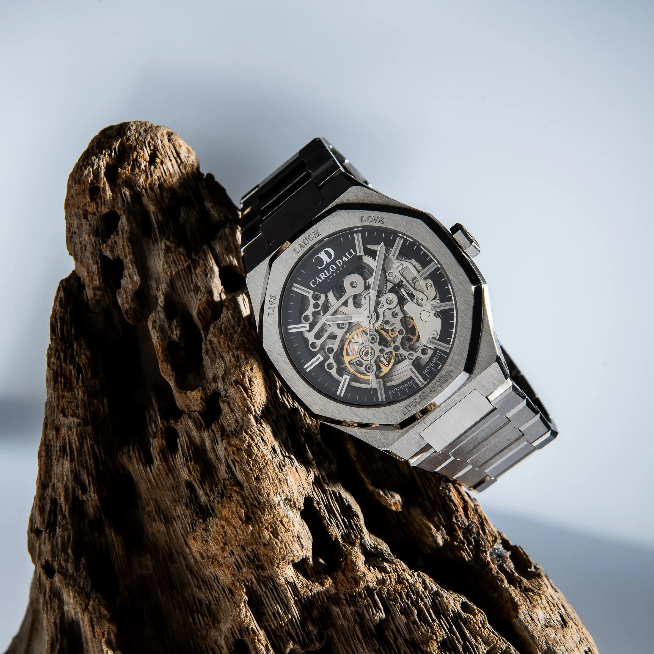 "OCTAGON" LIVE LAUGH LOVE SILVER & BLACK LIMITED WATCH.