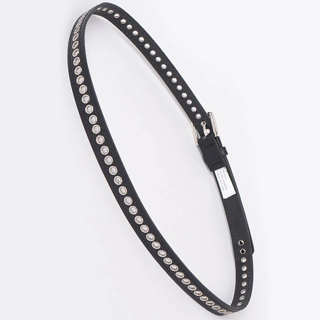 Thin Black Belt Silver Eyelets
